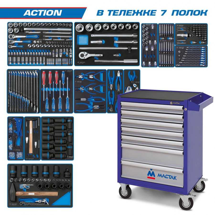Набор инструментов "ACTION" в синей тележке, 327 предметов KING TONY 934-327AMB Готовые решения в тележках МАСТАК фото, изображение