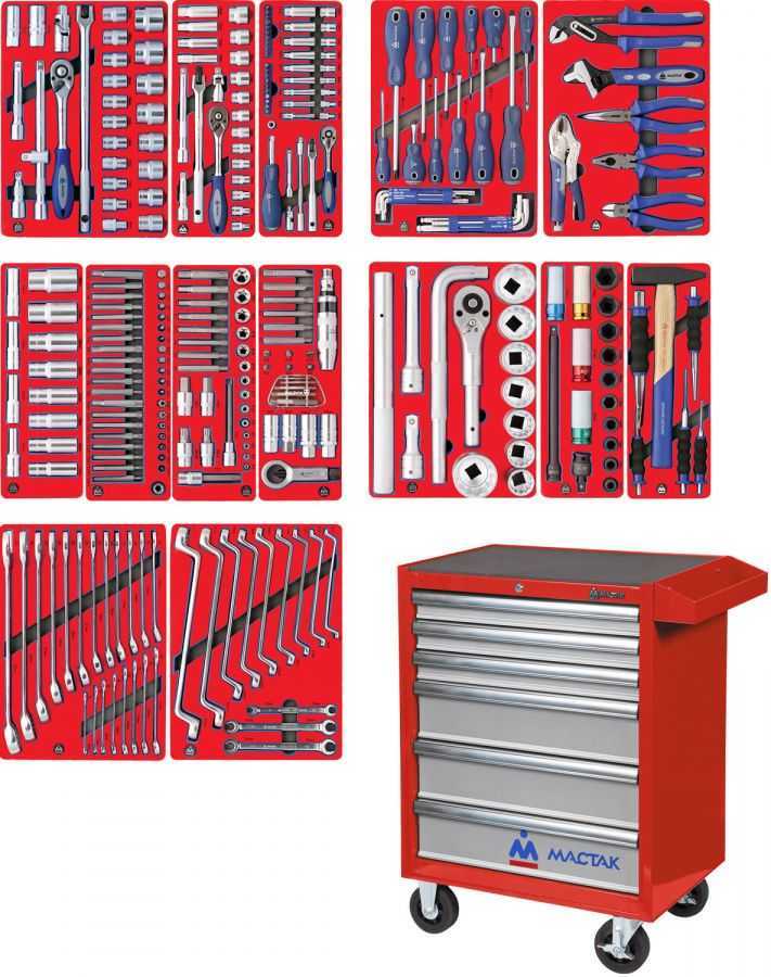 Набор инструментов "ПРОФИ" в красной тележке, 299 предметов МАСТАК 52-06299R Готовые решения в тележках МАСТАК фото, изображение